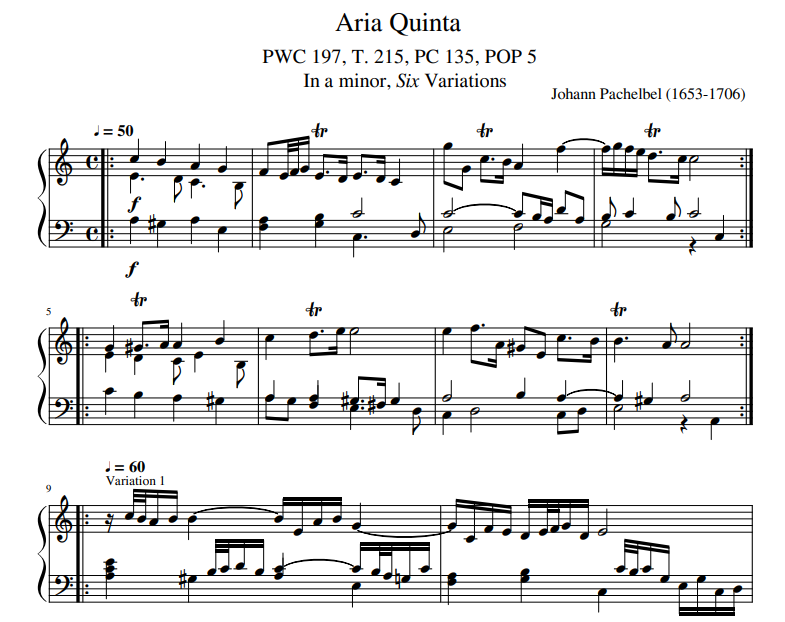 Aria Quinta PWC 197, T. 215, PC 135, POP 5 In a minor sheet for piano